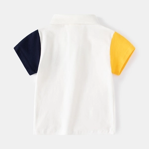 Back view of kids polo shirt showing color-block sleeves in navy and yellow