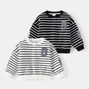 Felpa in Cotone a Righe per Bambini con Toppa Lettera B e Gomitiere Pullover Ragazzi Ragazze Autunno Top Casual
