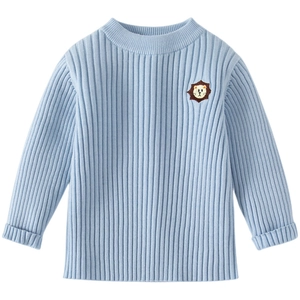 Light blue ribbed knit sweater for boys featuring a cute lion cartoon embroidery