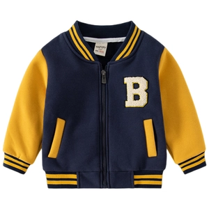 Kids navy and yellow varsity jacket with B embroidery and striped ribbing on white background