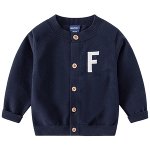 Gilet en tricot bleu marine pour garçons avec broderie F blanche et boutons en bois