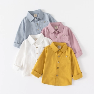 Kids long-sleeved waffle texture button-down shirts in blue, pink, white, and yellow