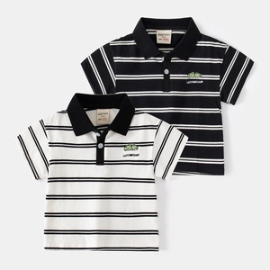 Boys Striped Polo Shirt Cotton Blend Short Sleeve Toddler Kids Dinosaur Embroidered Lapel Casual Top Summer Clothes
