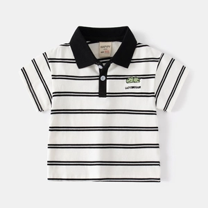 Classic white striped boys polo shirt with green dinosaur embroidery and black collar