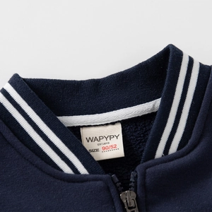 Kids navy blue baseball jacket with ribbed collar detail and branded woven label