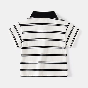 Classic white and black striped boys cotton polo shirt with a stylish black ribbed collar