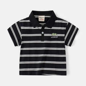 Short-sleeve striped kids polo shirt with dinosaur embroidery and black collar