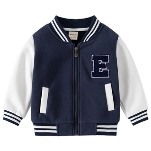 Classic kids varsity jacket in navy blue and white with embroidered letter detail