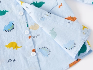 Gros plan d'une chemise bleue pour garçon avec imprimés dinosaures et boutons blancs