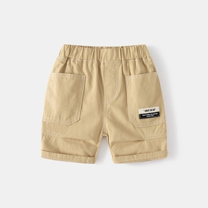Boys khaki cotton casual shorts with elastic waist and cargo pockets with text patch