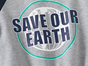 Detail of grey sweatshirt showing Save Our Earth print and blue raglan sleeve texture