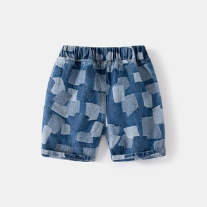 Kids patchwork blue denim shorts with elastic waist and stylish rolled cuffs for summer