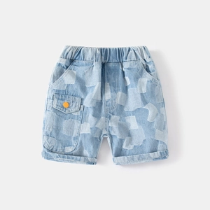 Boy's light blue denim shorts with artistic square gradient patterns and elastic waist