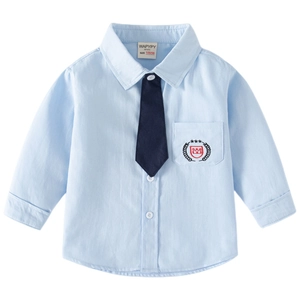 Boys light blue long sleeve formal shirt with dark blue tie and crown embroidery