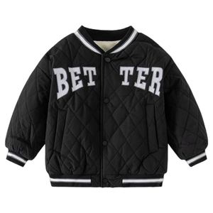 Kids black quilted bomber jacket with white BETTER embroidery and striped rib cuffs