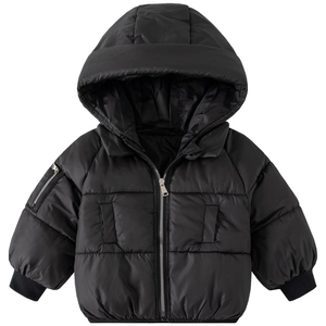 Kids black hooded winter coat with quilted puffer design and silver zipper closure