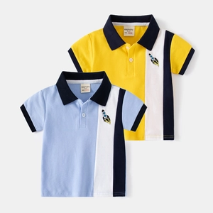Kids Boys Cotton Polo Shirt Short Sleeve Rocket Embroidery Colorblock Casual Contrast Collar Breathable Summer Top
