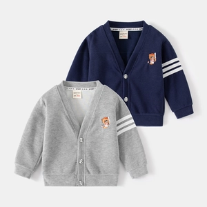 Kids Boys Cotton Blend Knit Cardigan V-Neck Button Down Sweater With Bear Embroidery Striped Sleeve Toddler Spring Outerwear