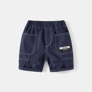 Boys navy blue casual shorts with elastic waistband and large pockets featuring white stitching