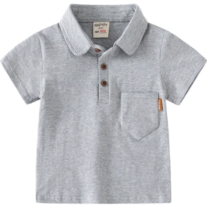 Classic heather grey boys' short-sleeved cotton polo shirt with chest pocket and buttons