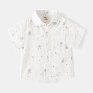 Short sleeve white cotton kids shirt with cartoon astronaut and planet print patterns