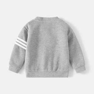 Back view of light grey children's sweatshirt featuring white stripes on the sleeve