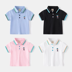 Boys Casual Short Sleeve Polo Shirt Cotton Bear Embroidery Contrast Striped Collar Summer Toddler Top White Blue Black Pink