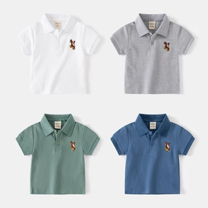 Polo en Coton pour Garçons Manches Courtes Broderie Ours de Dessin Animé Haut Décontracté d'Été pour Enfants Respirant Doux