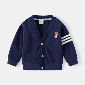 Kids navy V-neck cardigan with baseball bear embroidery and white sleeve stripes