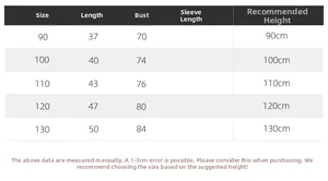 Size chart for boys' striped polo shirt showing length and chest for heights 90-130cm