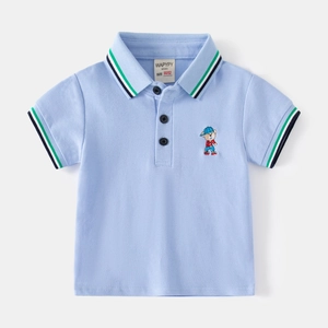Detail of light blue kids Polo shirt featuring striped collar and colorful bear embroidery