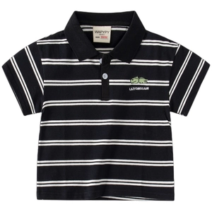 Short-sleeved children's polo shirt with black and white stripes and dinosaur embroidery