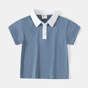 Classic cotton short sleeve polo shirt for boys in foggy blue with white contrast collar
