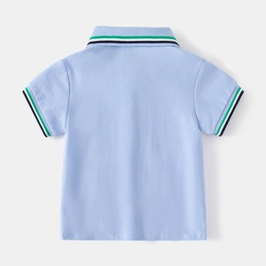 Back view of light blue boys' polo shirt with striped knit collar and sleeve cuffs