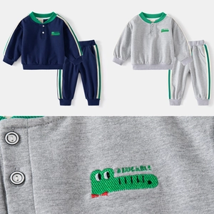 Kids navy and grey two-piece tracksuit with crocodile embroidery and button collar
