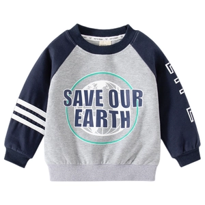 Boys grey and navy raglan sweatshirt with Save Our Earth print and white arm stripes