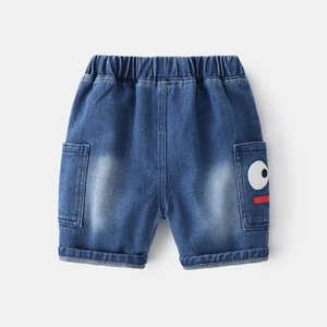 Kids denim shorts in dark blue wash with elastic waist and cute cartoon eye design