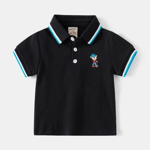Classic black cotton polo shirt for boys featuring bear embroidery and striped collar