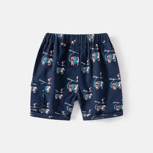 Close-up of navy cotton boys' shorts featuring colorful elephant print and elastic waist
