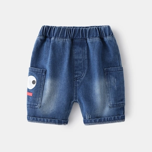 Classic deep blue wash denim shorts for boys with elastic waistband and cartoon pocket