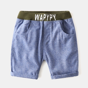 Blue cotton-linen shorts for boys featuring olive green elastic waistband and side pockets