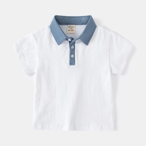 Classic kids white polo shirt with blue collar and soft cotton fabric texture
