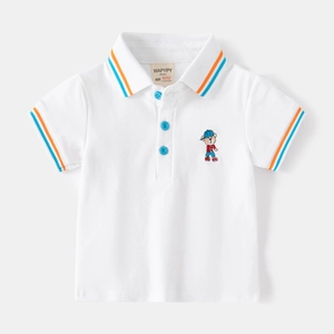Classic boys white polo shirt with cartoon bear embroidery and striped ribbed cuffs