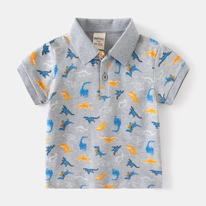 Boys' short sleeve polo shirt featuring colorful dinosaur prints on light gray fabric
