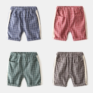 Boys Summer Plaid Shorts Casual Cotton Blend Mid Length Bottoms For Kids With Elastic Waist Pockets Gingham Pattern Fashion Pants
