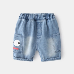 Kids denim shorts with cartoon embroidery, light blue wash and elastic waist
