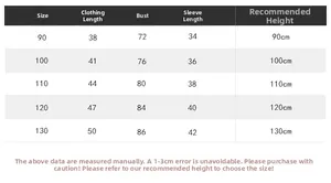 Size chart for kids long sleeve polo sweatshirt showing measurements for height 90-130cm