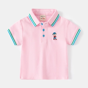 Pink boys cotton polo shirt featuring striped collar and cartoon bear embroidery