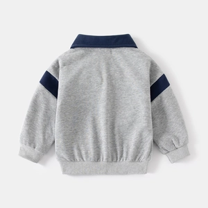 Kids long sleeve sweatshirt featuring a grey body and navy blue collar and sleeves