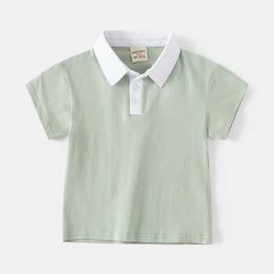 Kids short sleeve cotton polo shirt in light green with contrasting white collar and buttons